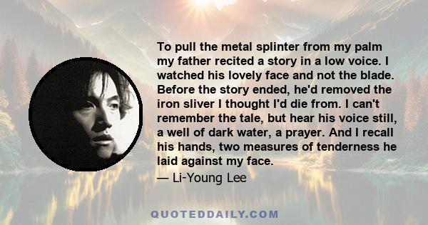 To pull the metal splinter from my palm my father recited a story in a low voice. I watched his lovely face and not the blade. Before the story ended, he'd removed the iron sliver I thought I'd die from. I can't