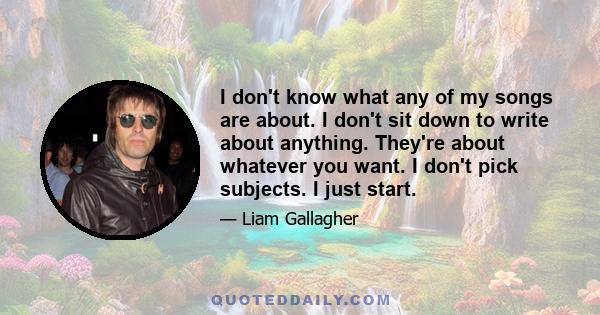 I don't know what any of my songs are about. I don't sit down to write about anything. They're about whatever you want. I don't pick subjects. I just start.