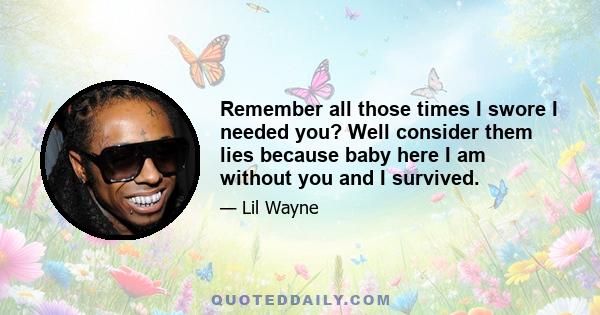 Remember all those times I swore I needed you? Well consider them lies because baby here I am without you and I survived.