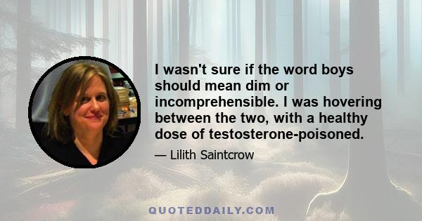 I wasn't sure if the word boys should mean dim or incomprehensible. I was hovering between the two, with a healthy dose of testosterone-poisoned.