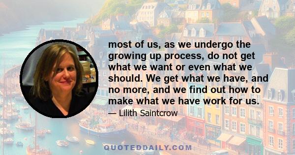 most of us, as we undergo the growing up process, do not get what we want or even what we should. We get what we have, and no more, and we find out how to make what we have work for us.