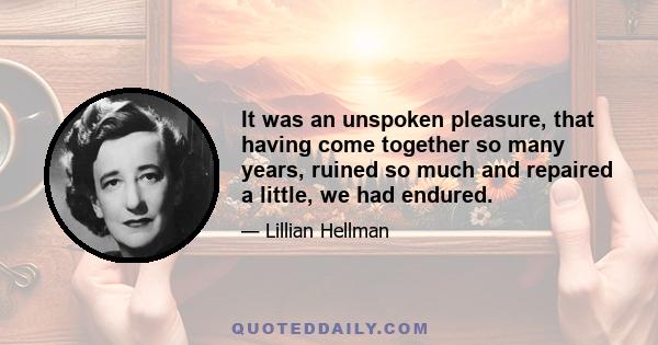 It was an unspoken pleasure, that having come together so many years, ruined so much and repaired a little, we had endured.