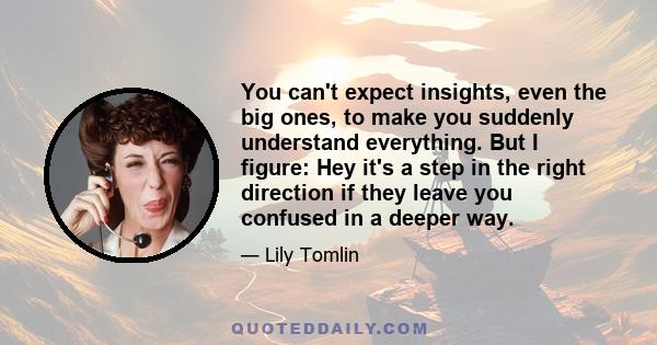 You can't expect insights, even the big ones, to make you suddenly understand everything. But I figure: Hey it's a step in the right direction if they leave you confused in a deeper way.