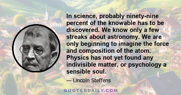 In science, probably ninety-nine percent of the knowable has to be discovered. We know only a few streaks about astronomy. We are only beginning to imagine the force and composition of the atom. Physics has not yet