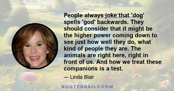 People always joke that 'dog' spells 'god' backwards. They should consider that it might be the higher power coming down to see just how well they do, what kind of people they are. The animals are right here, right in