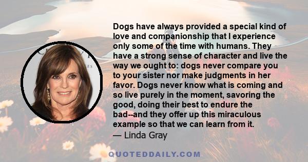 Dogs have always provided a special kind of love and companionship that I experience only some of the time with humans. They have a strong sense of character and live the way we ought to: dogs never compare you to your