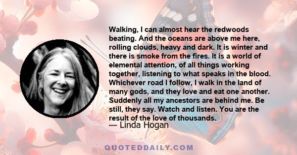 Walking, I can almost hear the redwoods beating. And the oceans are above me here, rolling clouds, heavy and dark. It is winter and there is smoke from the fires. It is a world of elemental attention, of all things