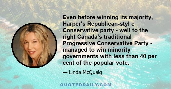 Even before winning its majority, Harper's Republican-styl e Conservative party - well to the right Canada's traditional Progressive Conservative Party - managed to win minority governments with less than 40 per cent of 