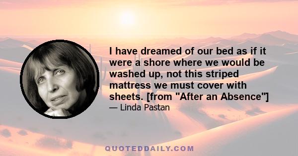 I have dreamed of our bed as if it were a shore where we would be washed up, not this striped mattress we must cover with sheets. [from After an Absence]