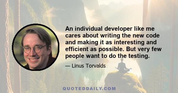 An individual developer like me cares about writing the new code and making it as interesting and efficient as possible. But very few people want to do the testing.