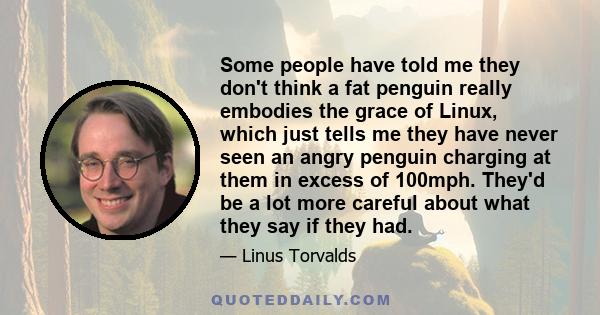 Some people have told me they don't think a fat penguin really embodies the grace of Linux, which just tells me they have never seen an angry penguin charging at them in excess of 100mph. They'd be a lot more careful