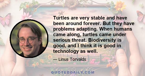 Turtles are very stable and have been around forever. But they have problems adapting. When humans came along, turtles came under serious threat. Biodiversity is good, and I think it is good in technology as well.