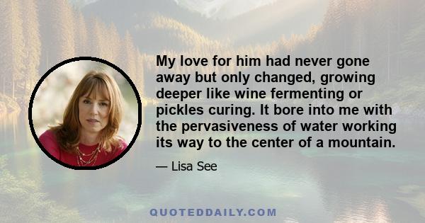 My love for him had never gone away but only changed, growing deeper like wine fermenting or pickles curing. It bore into me with the pervasiveness of water working its way to the center of a mountain.