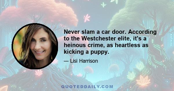 Never slam a car door. According to the Westchester elite, it's a heinous crime, as heartless as kicking a puppy.