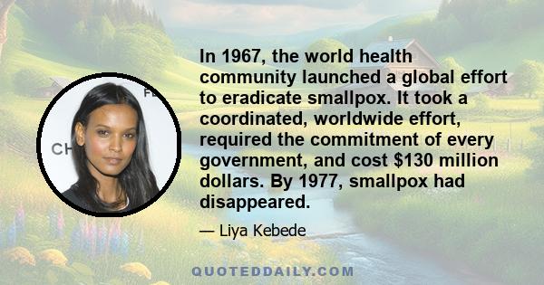 In 1967, the world health community launched a global effort to eradicate smallpox. It took a coordinated, worldwide effort, required the commitment of every government, and cost $130 million dollars. By 1977, smallpox