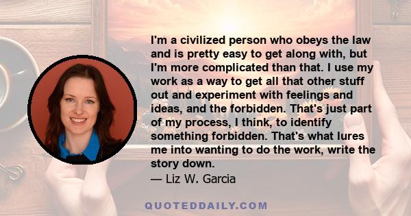 I'm a civilized person who obeys the law and is pretty easy to get along with, but I'm more complicated than that. I use my work as a way to get all that other stuff out and experiment with feelings and ideas, and the