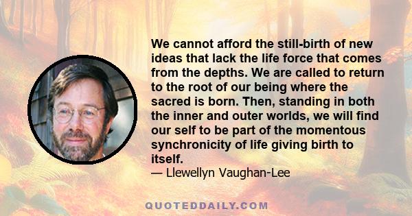 We cannot afford the still-birth of new ideas that lack the life force that comes from the depths. We are called to return to the root of our being where the sacred is born. Then, standing in both the inner and outer