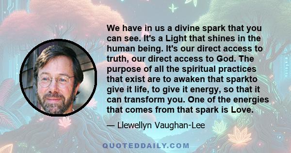 We have in us a divine spark that you can see. It's a Light that shines in the human being. It's our direct access to truth, our direct access to God. The purpose of all the spiritual practices that exist are to awaken