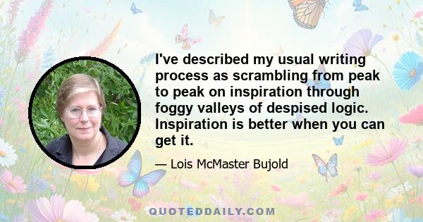 I've described my usual writing process as scrambling from peak to peak on inspiration through foggy valleys of despised logic. Inspiration is better when you can get it.