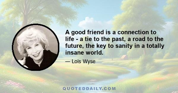 A good friend is a connection to life - a tie to the past, a road to the future, the key to sanity in a totally insane world.