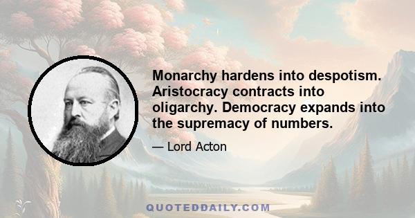 Monarchy hardens into despotism. Aristocracy contracts into oligarchy. Democracy expands into the supremacy of numbers.