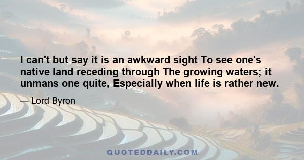 I can't but say it is an awkward sight To see one's native land receding through The growing waters; it unmans one quite, Especially when life is rather new.