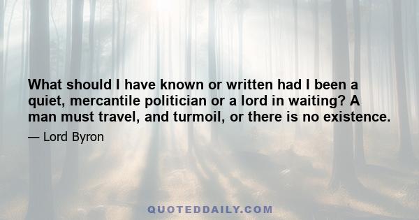 What should I have known or written had I been a quiet, mercantile politician or a lord in waiting? A man must travel, and turmoil, or there is no existence.