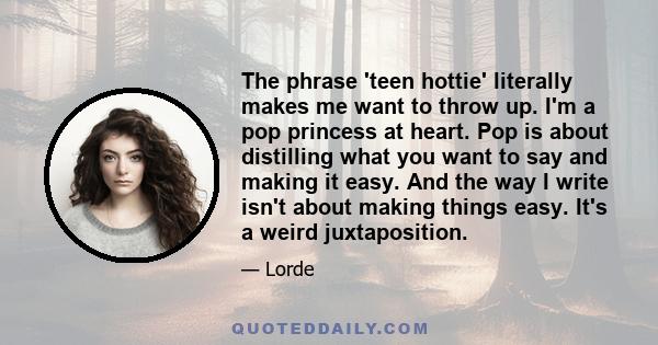 The phrase 'teen hottie' literally makes me want to throw up. I'm a pop princess at heart. Pop is about distilling what you want to say and making it easy. And the way I write isn't about making things easy. It's a