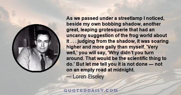 As we passed under a streetlamp I noticed, beside my own bobbing shadow, another great, leaping grotesquerie that had an uncanny suggestion of the frog world about it . . . judging from the shadow, it was soaring higher 