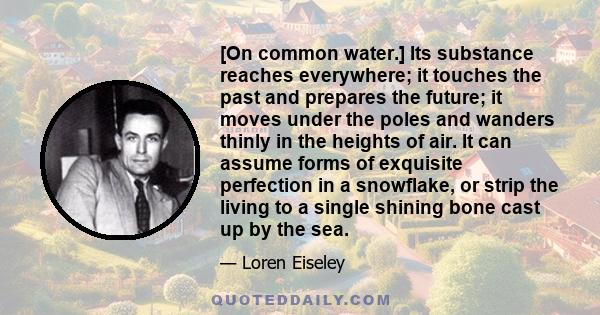 [On common water.] Its substance reaches everywhere; it touches the past and prepares the future; it moves under the poles and wanders thinly in the heights of air. It can assume forms of exquisite perfection in a