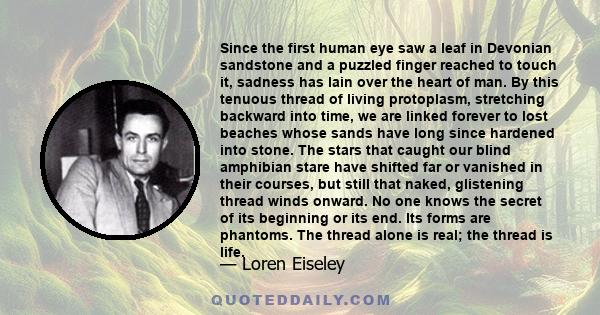 Since the first human eye saw a leaf in Devonian sandstone and a puzzled finger reached to touch it, sadness has lain over the heart of man. By this tenuous thread of living protoplasm, stretching backward into time, we 