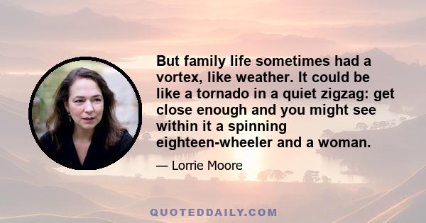 But family life sometimes had a vortex, like weather. It could be like a tornado in a quiet zigzag: get close enough and you might see within it a spinning eighteen-wheeler and a woman.