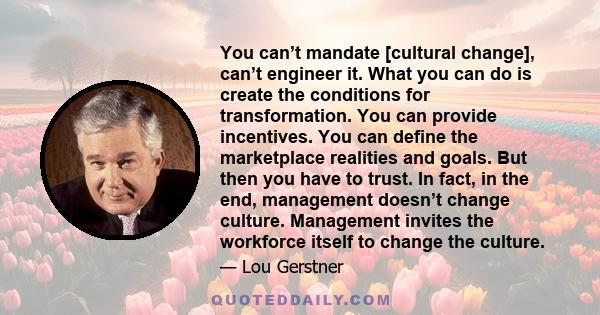 You can’t mandate [cultural change], can’t engineer it. What you can do is create the conditions for transformation. You can provide incentives. You can define the marketplace realities and goals. But then you have to