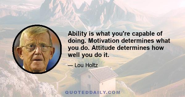 Ability is what you're capable of doing. Motivation determines what you do. Attitude determines how well you do it.