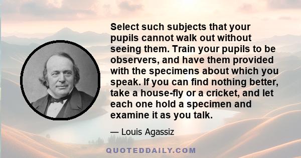 Select such subjects that your pupils cannot walk out without seeing them. Train your pupils to be observers, and have them provided with the specimens about which you speak. If you can find nothing better, take a