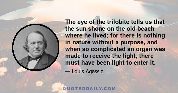 The eye of the trilobite tells us that the sun shone on the old beach where he lived; for there is nothing in nature without a purpose, and when so complicated an organ was made to receive the light, there must have