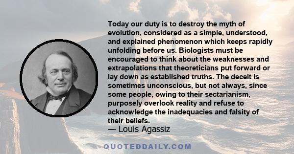 Today our duty is to destroy the myth of evolution, considered as a simple, understood, and explained phenomenon which keeps rapidly unfolding before us. Biologists must be encouraged to think about the weaknesses and