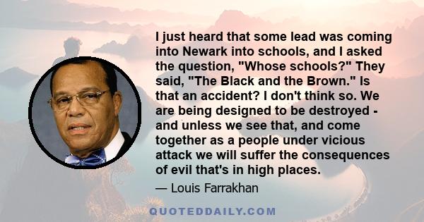 I just heard that some lead was coming into Newark into schools, and I asked the question, Whose schools? They said, The Black and the Brown. Is that an accident? I don't think so. We are being designed to be destroyed