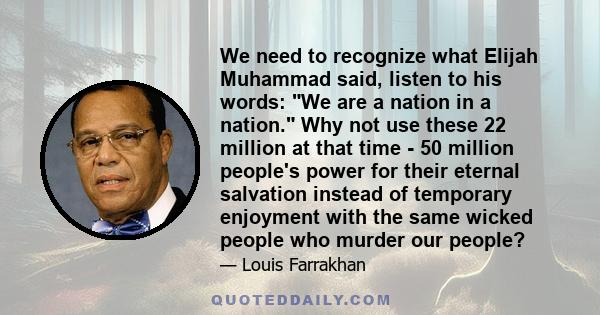 We need to recognize what Elijah Muhammad said, listen to his words: We are a nation in a nation. Why not use these 22 million at that time - 50 million people's power for their eternal salvation instead of temporary