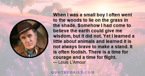 When I was a small boy I often went to the woods to lie on the grass in the shade. Somehow I had come to believe the earth could give me wisdom, but it did not. Yet I learned a little about animals and learned it is not 