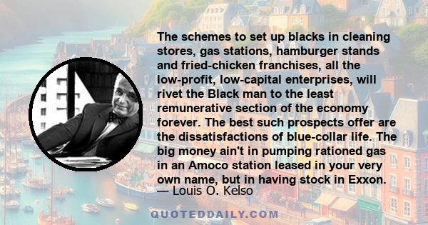 The schemes to set up blacks in cleaning stores, gas stations, hamburger stands and fried-chicken franchises, all the low-profit, low-capital enterprises, will rivet the Black man to the least remunerative section of