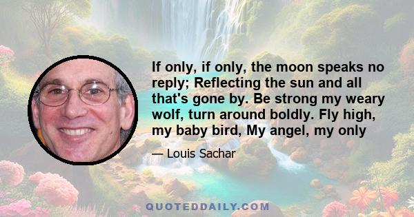 If only, if only, the moon speaks no reply; Reflecting the sun and all that's gone by. Be strong my weary wolf, turn around boldly. Fly high, my baby bird, My angel, my only