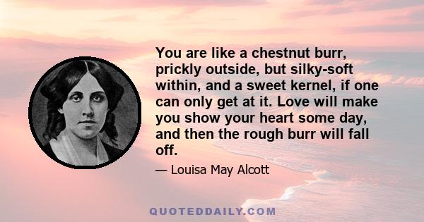 You are like a chestnut burr, prickly outside, but silky-soft within, and a sweet kernel, if one can only get at it. Love will make you show your heart some day, and then the rough burr will fall off.