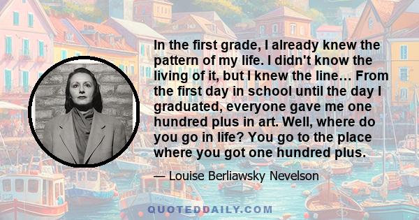 In the first grade, I already knew the pattern of my life. I didn't know the living of it, but I knew the line… From the first day in school until the day I graduated, everyone gave me one hundred plus in art. Well,