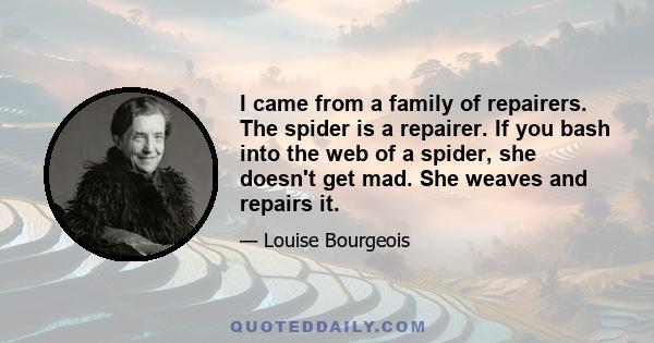 I came from a family of repairers. The spider is a repairer. If you bash into the web of a spider, she doesn't get mad. She weaves and repairs it.