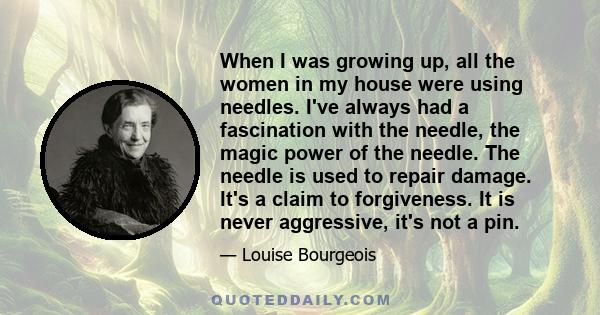 When I was growing up, all the women in my house were using needles. I've always had a fascination with the needle, the magic power of the needle. The needle is used to repair damage. It's a claim to forgiveness. It is