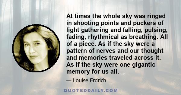 At times the whole sky was ringed in shooting points and puckers of light gathering and falling, pulsing, fading, rhythmical as breathing. All of a piece. As if the sky were a pattern of nerves and our thought and