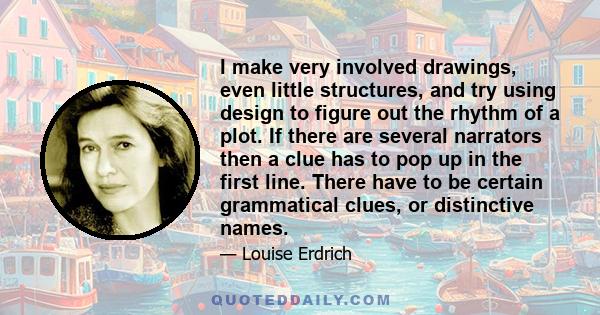 I make very involved drawings, even little structures, and try using design to figure out the rhythm of a plot. If there are several narrators then a clue has to pop up in the first line. There have to be certain