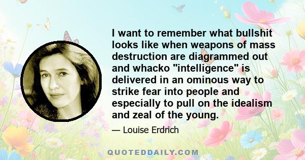 I want to remember what bullshit looks like when weapons of mass destruction are diagrammed out and whacko intelligence is delivered in an ominous way to strike fear into people and especially to pull on the idealism