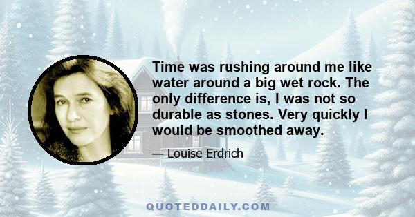 Time was rushing around me like water around a big wet rock. The only difference is, I was not so durable as stones. Very quickly I would be smoothed away.